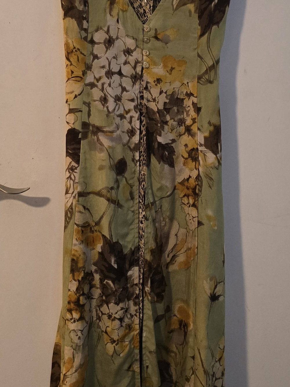 Newport News Green Floral Maxi Dress with Yellow & Brown Accents